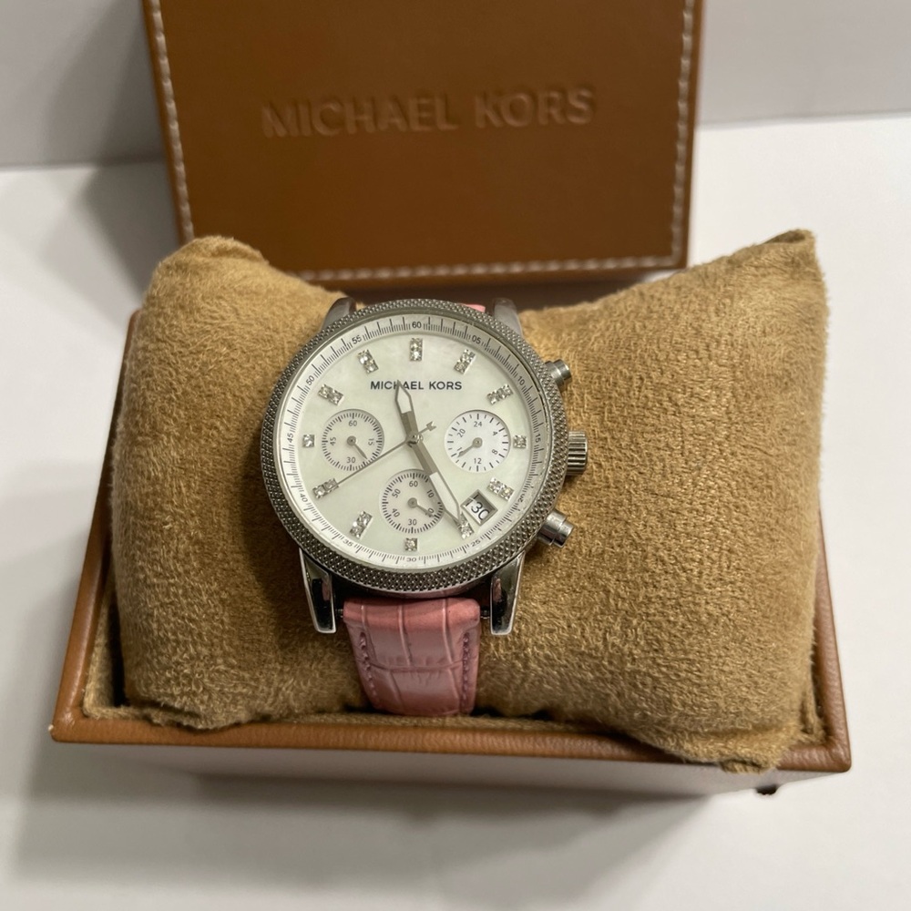 Michael Kors Silver Dial with Pink Leather Strap Watch